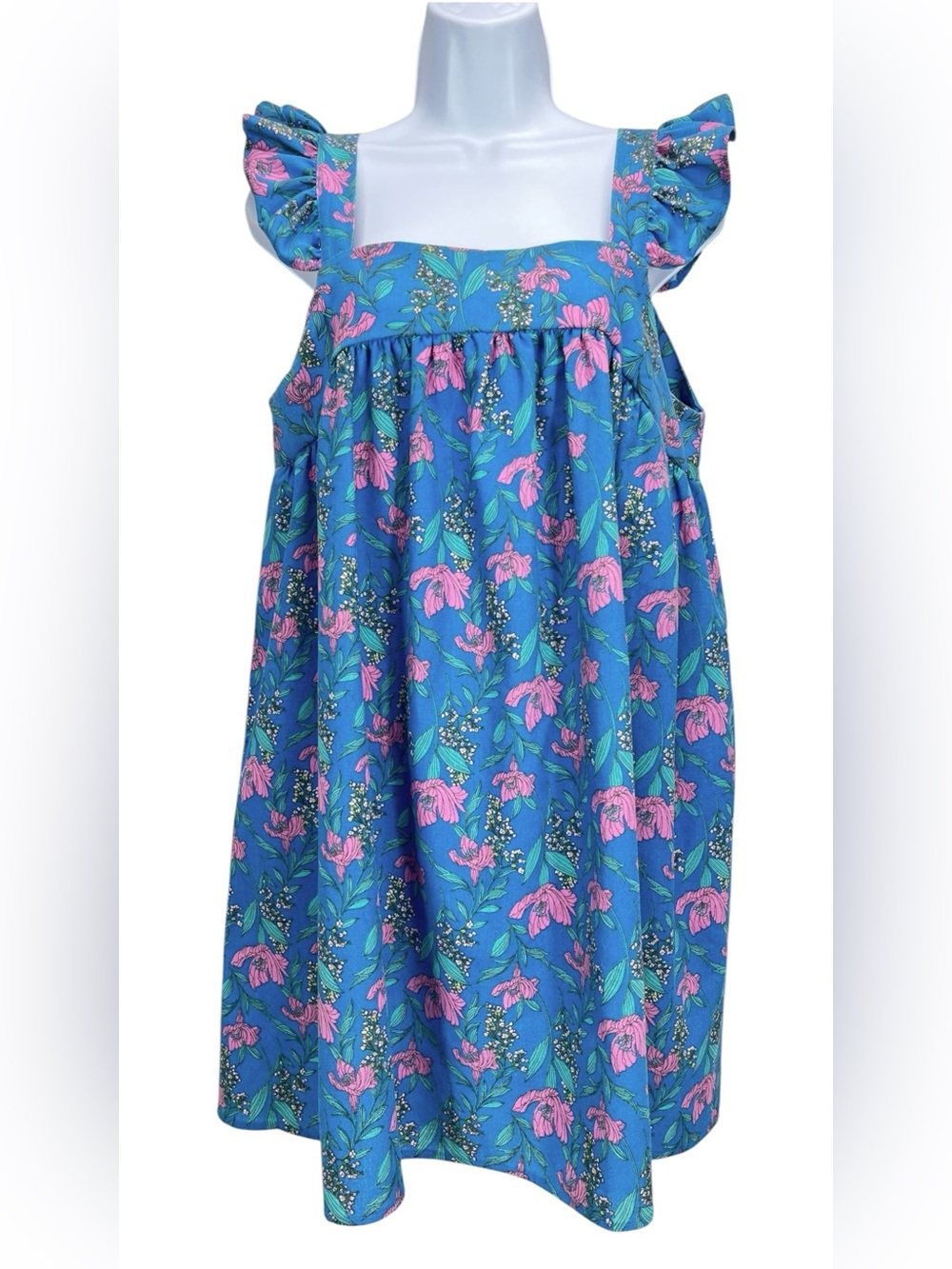 Moon River Women’s Medium Blue Pink Floral Babydoll Dress Ruffle Sleeve